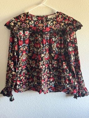 LOFT Black Floral Lace-Trim Long-Sleeve Blouse